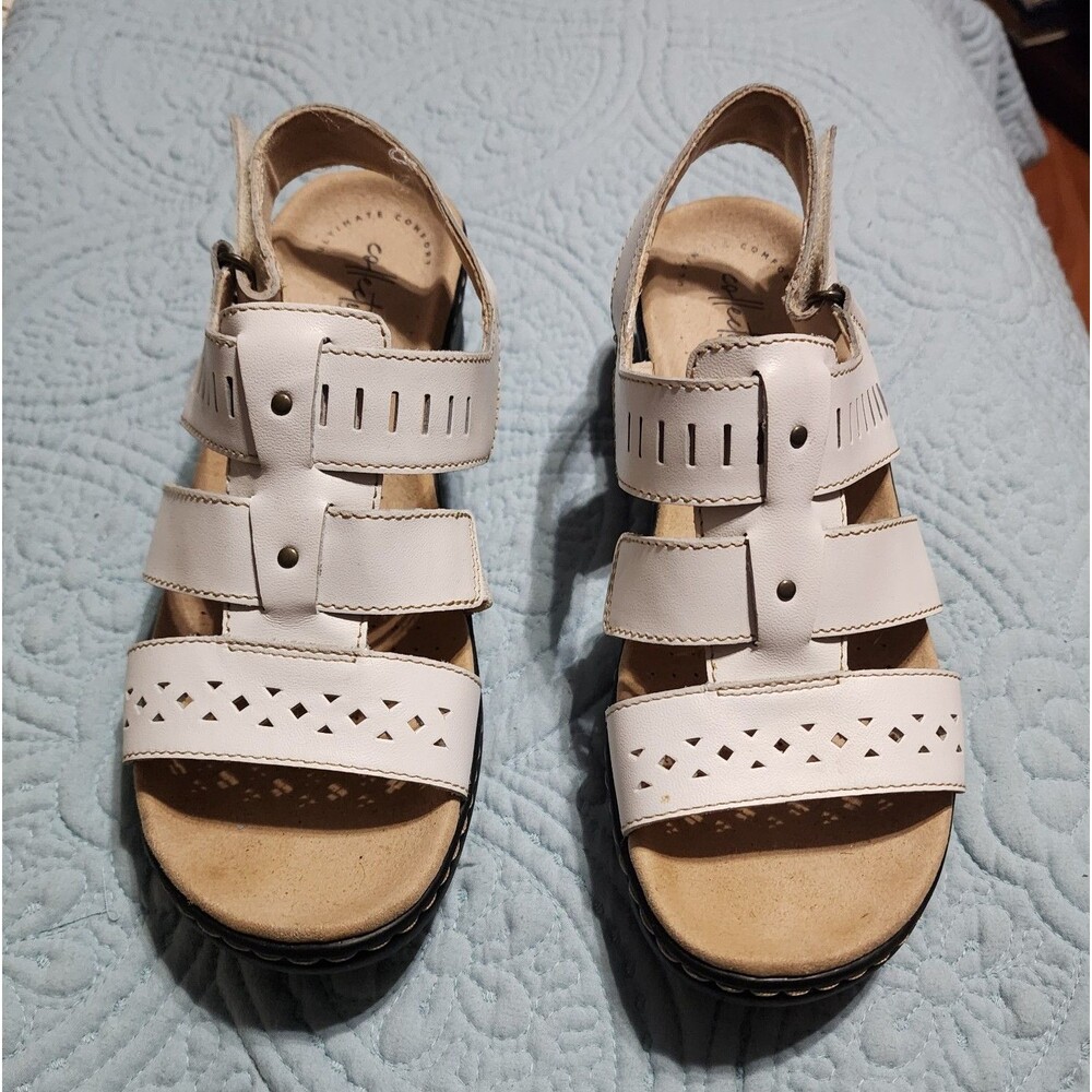 Clarks Women's White Leather Strappy Hook & Loop Sandals Adjustable Size 8